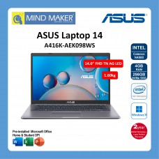 Asus A416K-AEK098WS 14.0" FHD Notebook (SlateGray) N4500 / Win11 / Office OPI / 4GB / 256GB NVMe SSD / UHD Graphics / 2 Years Global Warranty