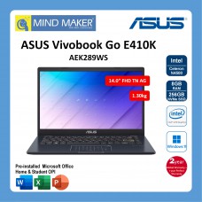 Asus Vivobook Go 14 E410K-AEK289WS Notebook (PeacockBlue) N4500 / Win11 Home / Office OPI / 8GB RAM / 256GB NVMe SSD / Integrated Graphics / 14" FHD AG / 2 Years Global Warranty